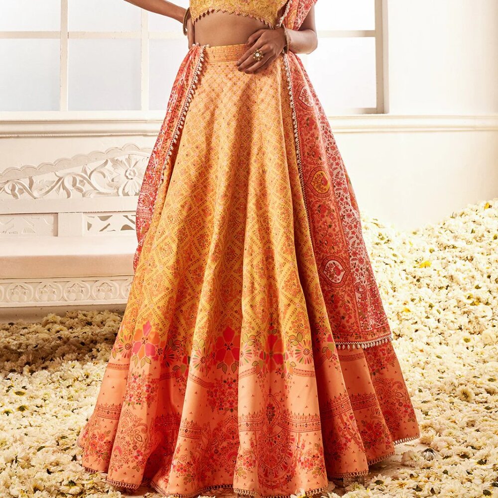 Yellow Multicolor Floral Printed Lehenga